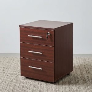 A premium dark mahogany wood grain 3-Drawer Pedestal With Lock featuring three drawers with silver horizontal handles, a top drawer key lock, and base casters.