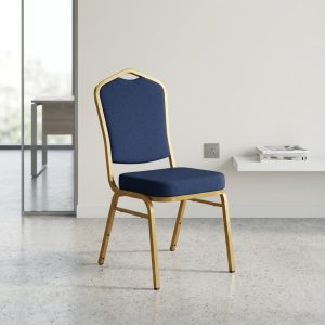Hotel steel banquet chair with blue fabric upholstery and gold metal frame