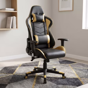 An Ergonomic Reclining Gaming Chair featuring high-back black leatherette upholstery with striking gold accents, adjustable neck and lumbar cushions, and a matching mobile base.