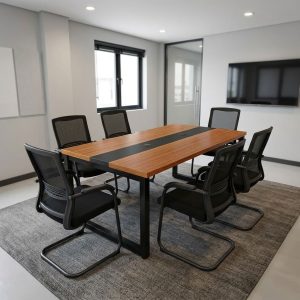 A 1.8m Office Discussion Table featuring a teak wood grain desktop, a central grey accent band, two integrated cable grommets, and matte black metal loop legs.