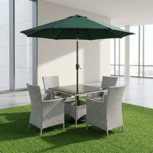 Outdoor dining set with umbrella, rattan chairs, and tempered glass table