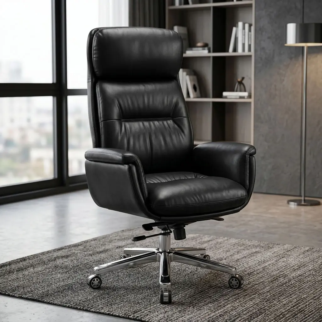 An Ergonomic Leather Office Swivel Chair featuring high-back black leather cushioning, padded armrests, and a polished chrome 5-star swivel mobile base.