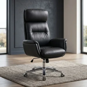 An Ergonomic Leather Office Swivel Chair featuring high-back black leather cushioning, padded armrests, and a polished chrome 5-star swivel mobile base.