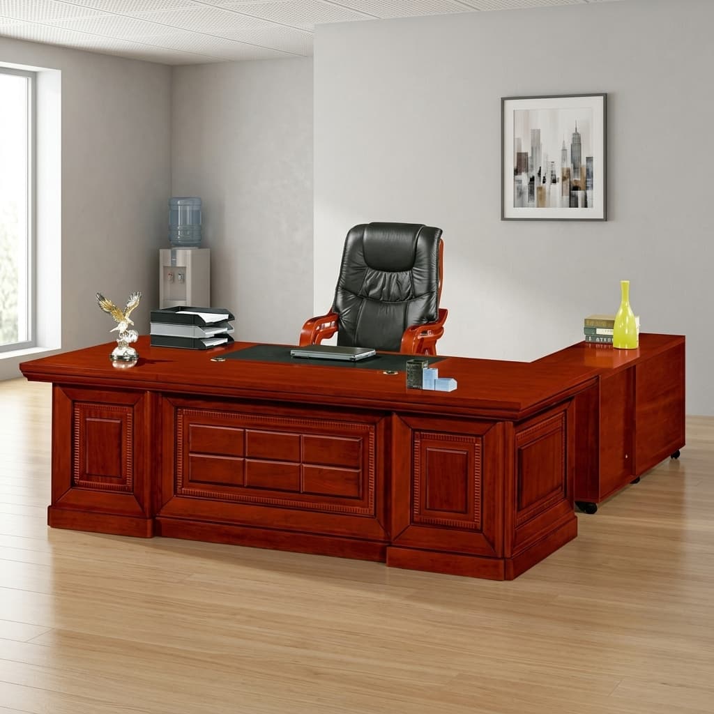2.4M executive L-shaped desk with mahogany finish and classic executive design
