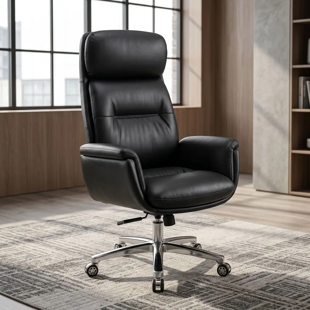 An Ergonomic Leather Office Swivel Chair featuring high-back black leather cushioning, padded armrests, and a polished chrome 5-star swivel mobile base.