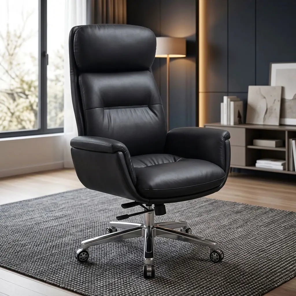 An Ergonomic Leather Office Swivel Chair featuring high-back black leather cushioning, padded armrests, and a polished chrome 5-star swivel mobile base.