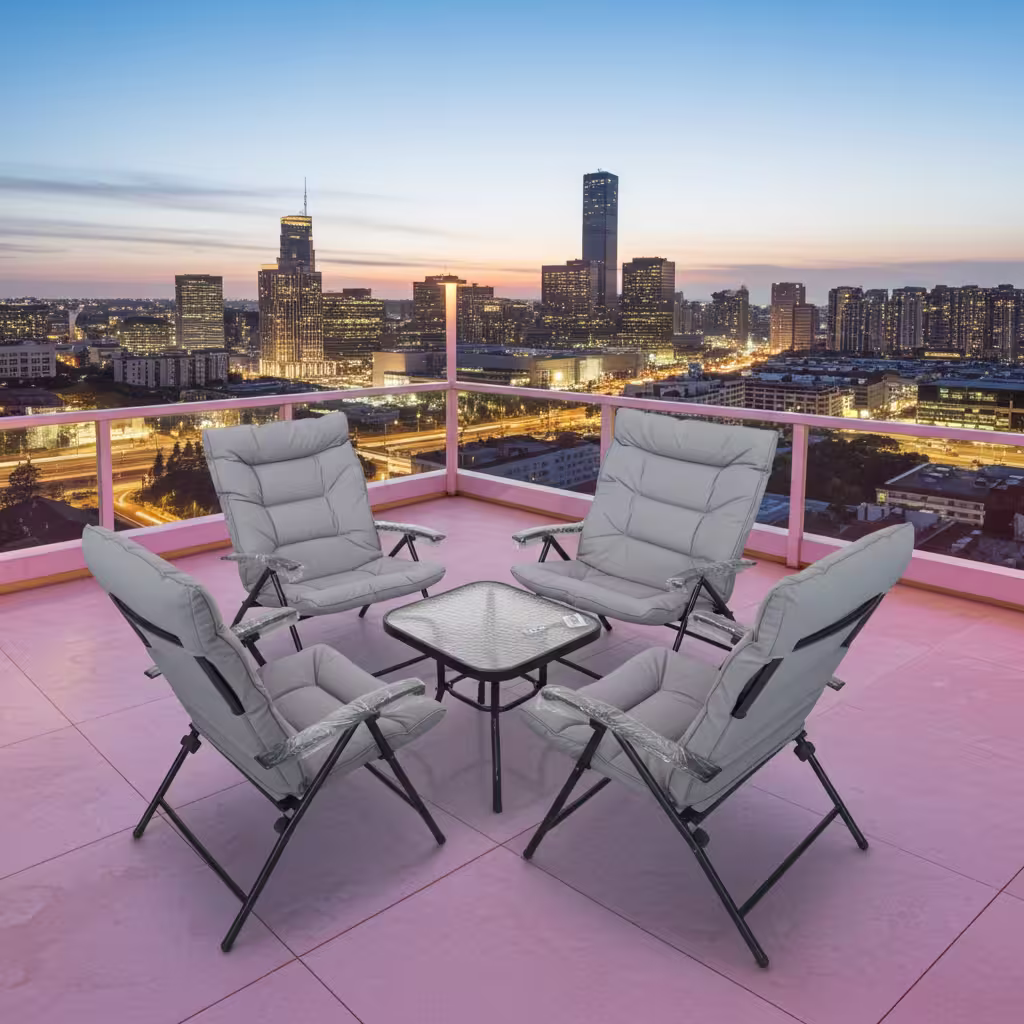 A 4 Seater Folding Patio Conversation Set featuring a square black metal coffee table with a tempered glass top and four matching folding chairs with thick grey cushions.