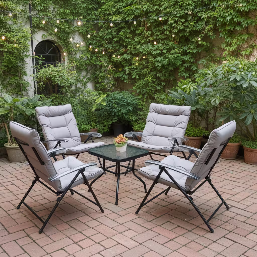 A 4 Seater Folding Patio Conversation Set featuring a square black metal coffee table with a tempered glass top and four matching folding chairs with thick grey cushions.