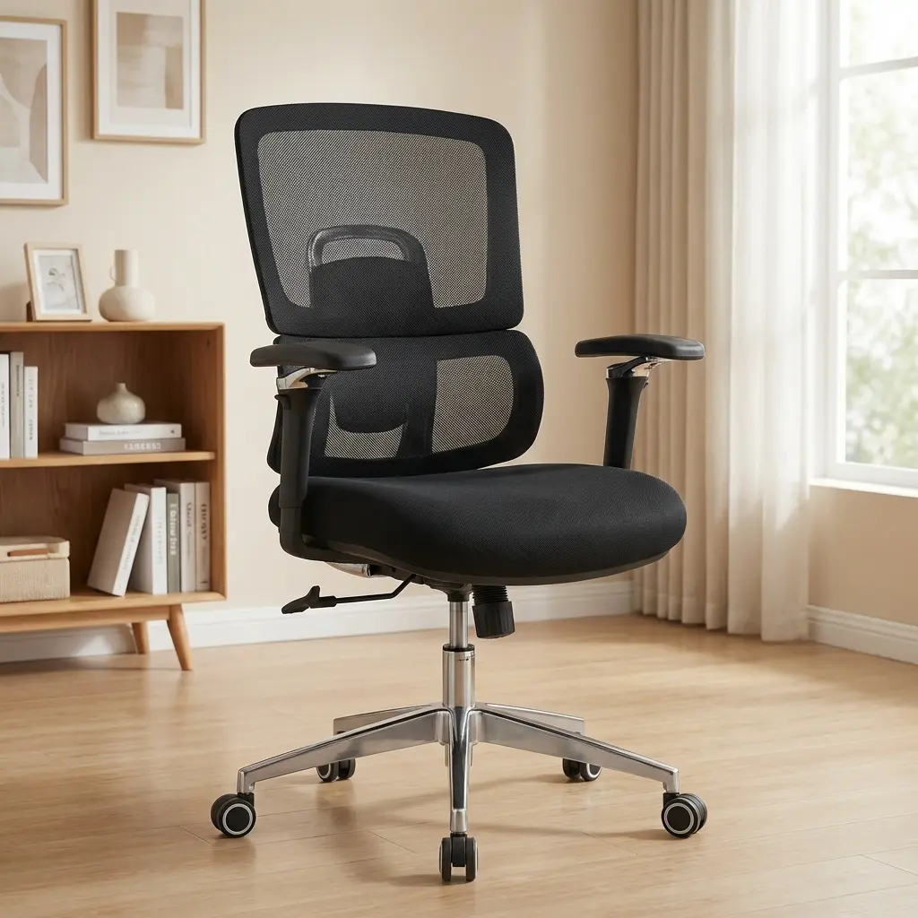 An Advanced Orthopedic Office Chair featuring a black mesh backrest, 4D armrests, an adjustable padded seat cushion, and a polished chrome 5-star swivel base.