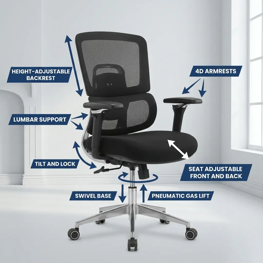 An Advanced Orthopedic Office Chair featuring a black mesh backrest, 4D armrests, an adjustable padded seat cushion, and a polished chrome 5-star swivel base.