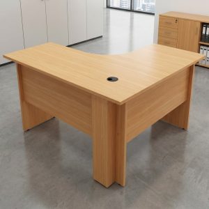 A 1.2m Curved Study Desk featuring an L-shaped natural timber grain top, an integrated lockable two-drawer pedestal, and a central black cable grommet.