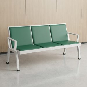 A Three Seater Green Waiting Bench featuring three padded green leatherette seats on a silver metallic frame shown from the front and back angles.
