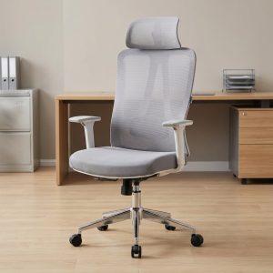An Orthopedic Executive Mesh Chair featuring a high-back light grey mesh design, an adjustable headrest, fixed T-shaped arms, and a chrome 5-star swivel base.