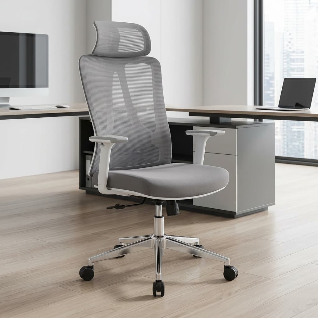 An Orthopedic Executive Mesh Chair featuring a high-back light grey mesh design, an adjustable headrest, fixed T-shaped arms, and a chrome 5-star swivel base.