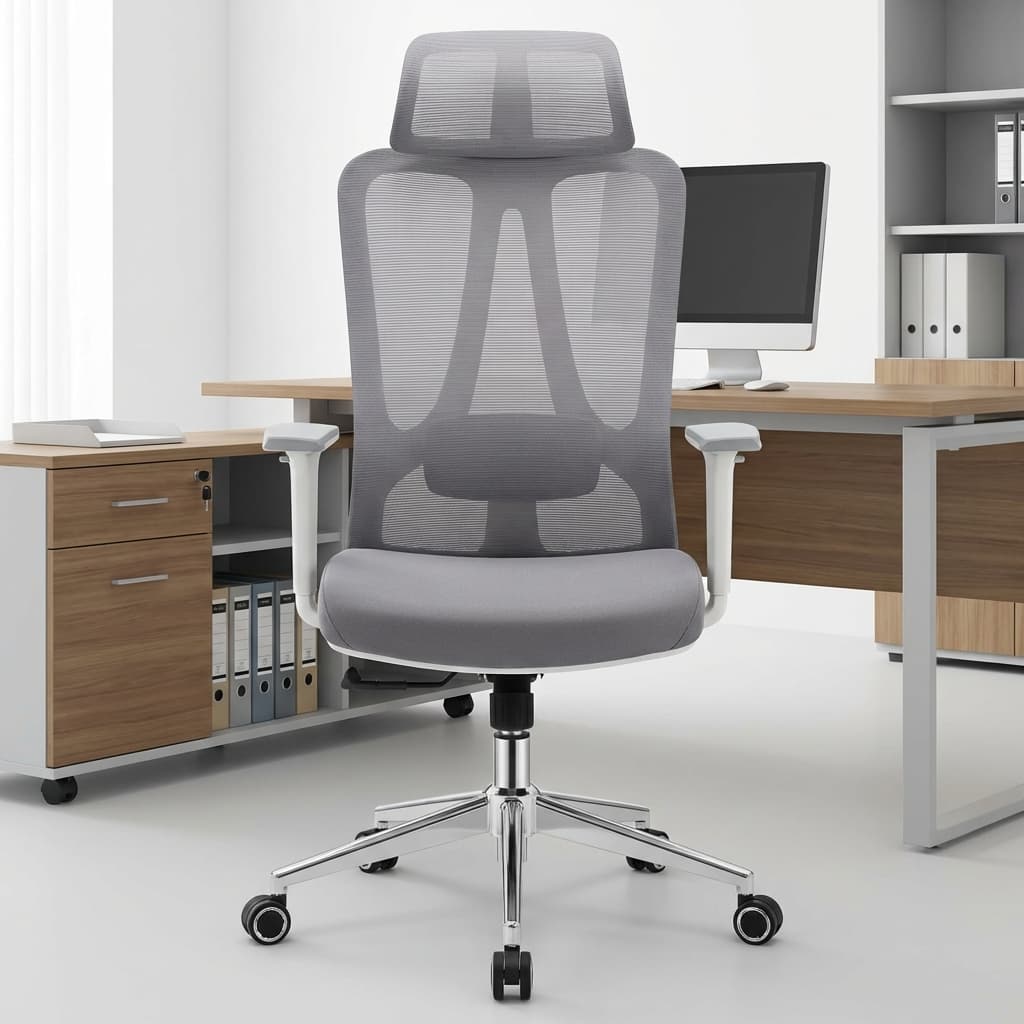 An Orthopedic Executive Mesh Chair featuring a high-back light grey mesh design, an adjustable headrest, fixed T-shaped arms, and a chrome 5-star swivel base.