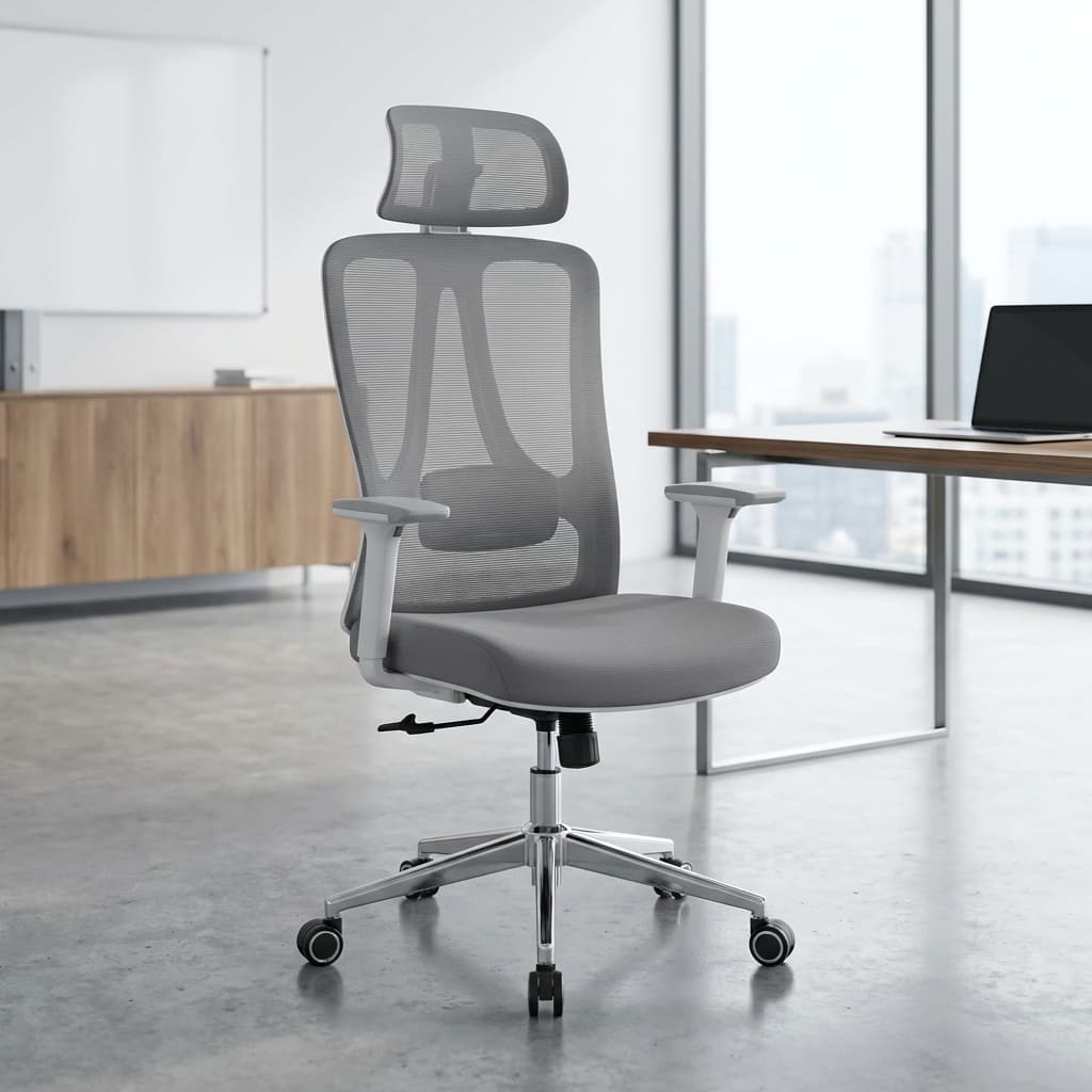 An Orthopedic Executive Mesh Chair featuring a high-back light grey mesh design, an adjustable headrest, fixed T-shaped arms, and a chrome 5-star swivel base.