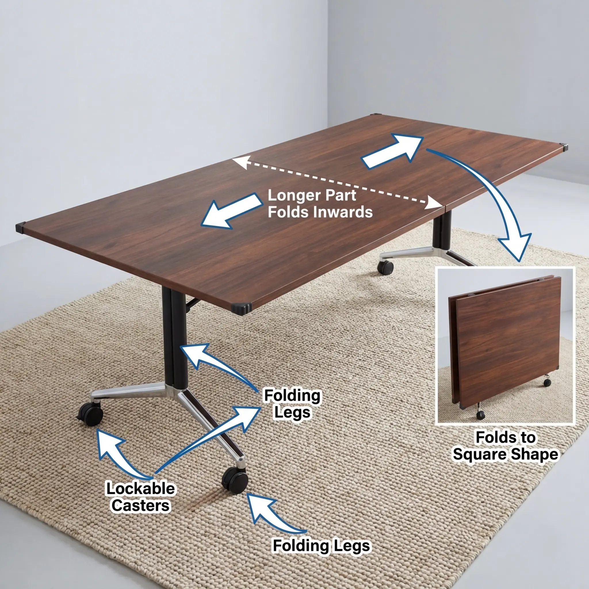 A 2400mm Mobile Boardroom Table featuring a walnut wood grain top, heavy-duty black folding T-legs, polished chrome bases, and lockable caster wheels.