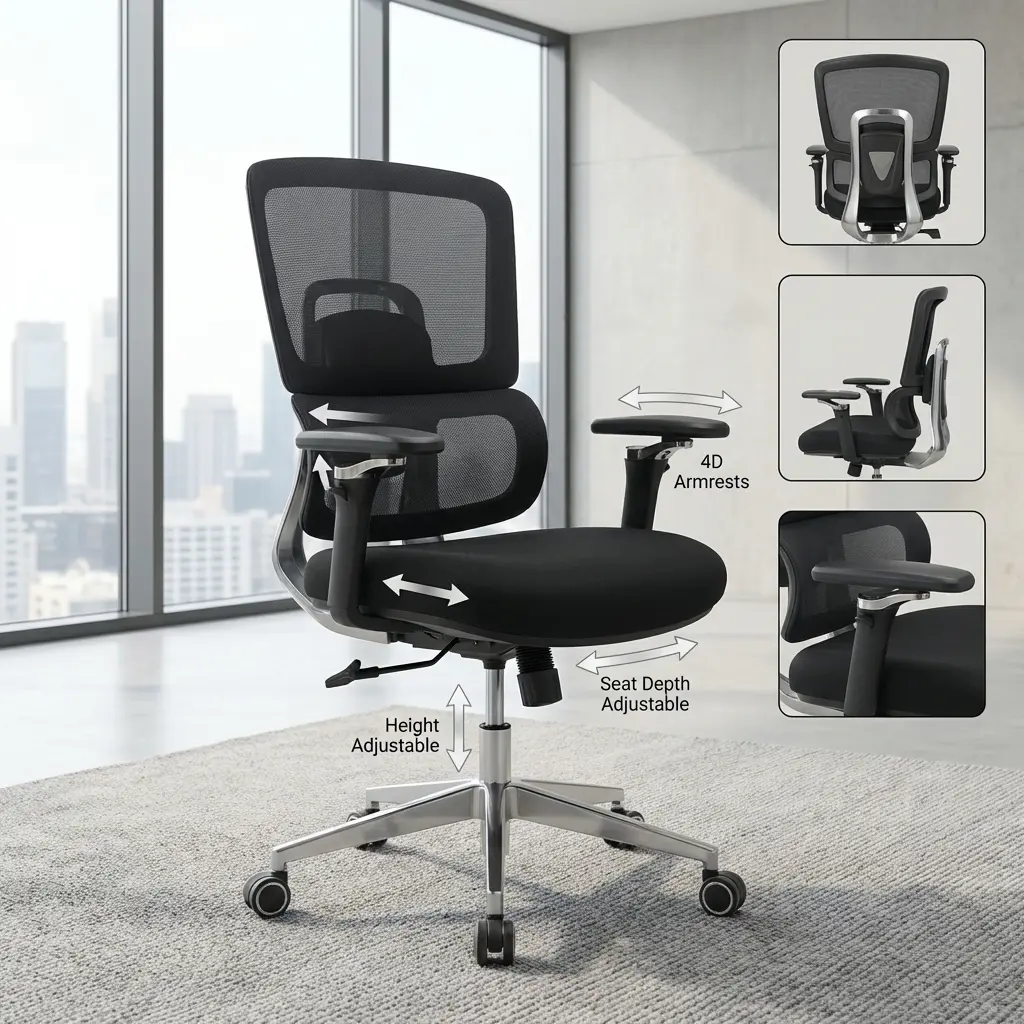 An Advanced Orthopedic Office Chair featuring a black mesh backrest, 4D armrests, an adjustable padded seat cushion, and a polished chrome 5-star swivel base.