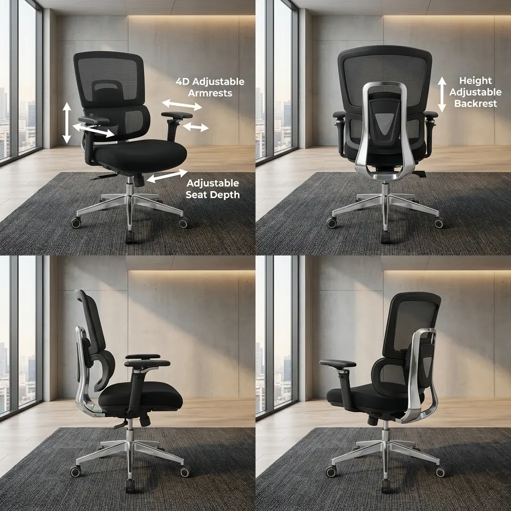 An Advanced Orthopedic Office Chair featuring a black mesh backrest, 4D armrests, an adjustable padded seat cushion, and a polished chrome 5-star swivel base.