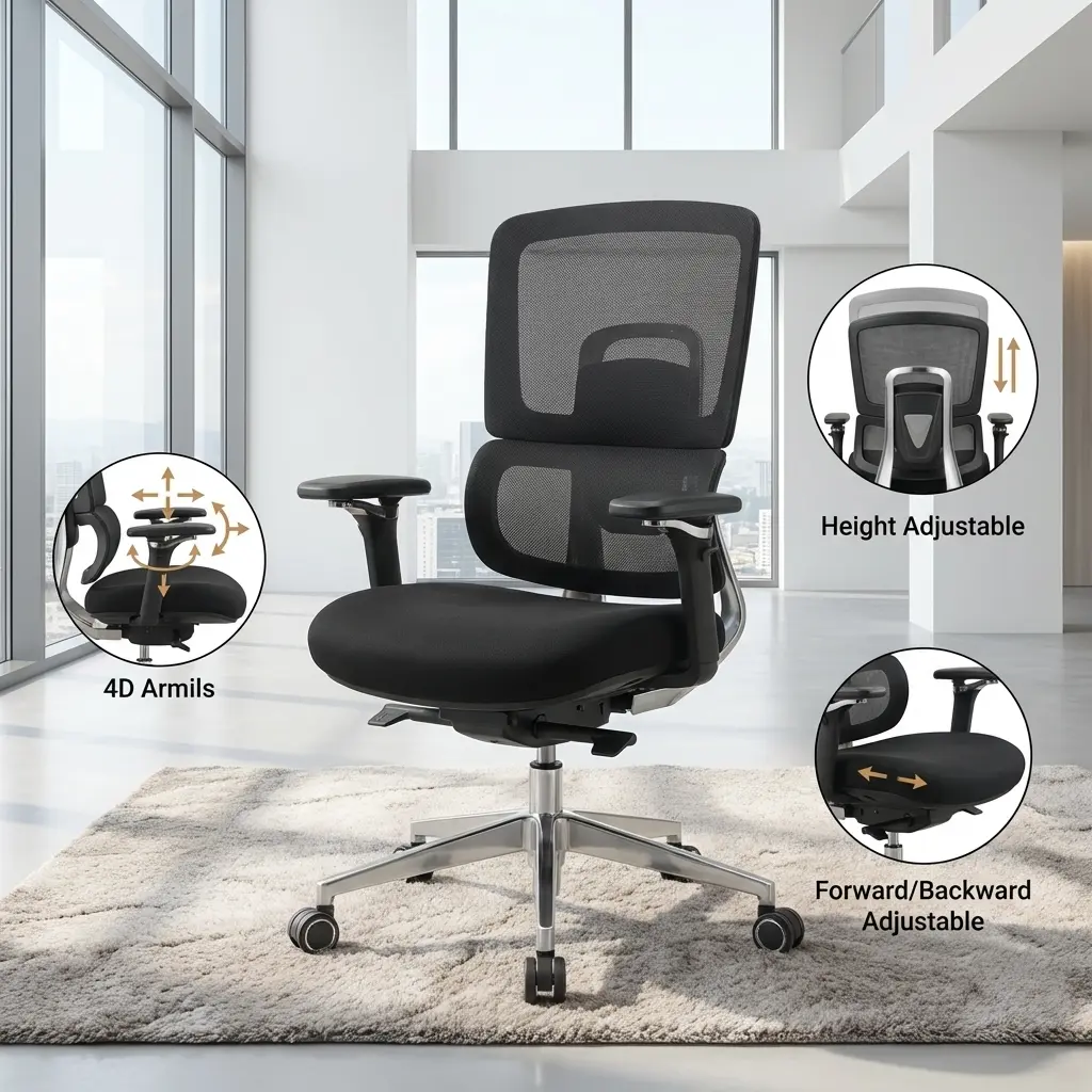 An Advanced Orthopedic Office Chair featuring a black mesh backrest, 4D armrests, an adjustable padded seat cushion, and a polished chrome 5-star swivel base.