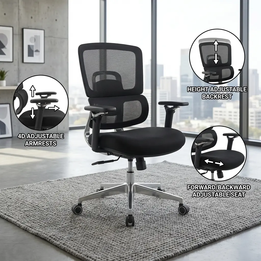An Advanced Orthopedic Office Chair featuring a black mesh backrest, 4D armrests, an adjustable padded seat cushion, and a polished chrome 5-star swivel base.