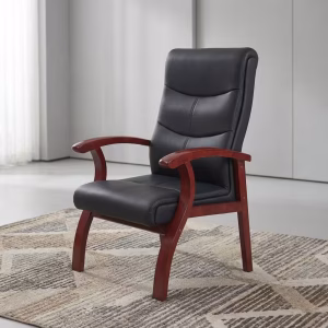 A Luxury Mahogany C-Suite Chair featuring high-back black leather upholstery with horizontal stitching, curved solid wood arms, and a polished mahogany frame.