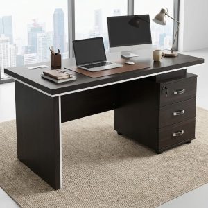 An Executive Office Desk - 1200mm featuring a dark espresso wood grain floating top, white geometric side panels, and a lockable three-drawer pedestal.