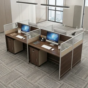 A 4-Way Office Desk Workstation featuring a dark walnut wood finish, light grey privacy dividers with frosted slatted glass tops, and lockable pedestals.