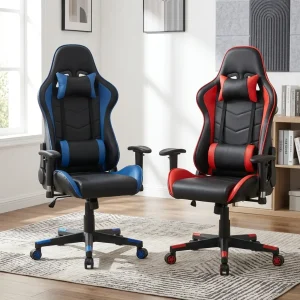 High-Back Recliner Gaming Chairs in dual-tone blue and red leather configurations, featuring a 135-degree reclining backrest and adjustable cushions.