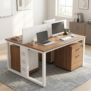 A 2-Seater Office Workstation featuring two back-to-back teak-finished wood desks, a white central privacy divider, and integrated side storage cabinets.