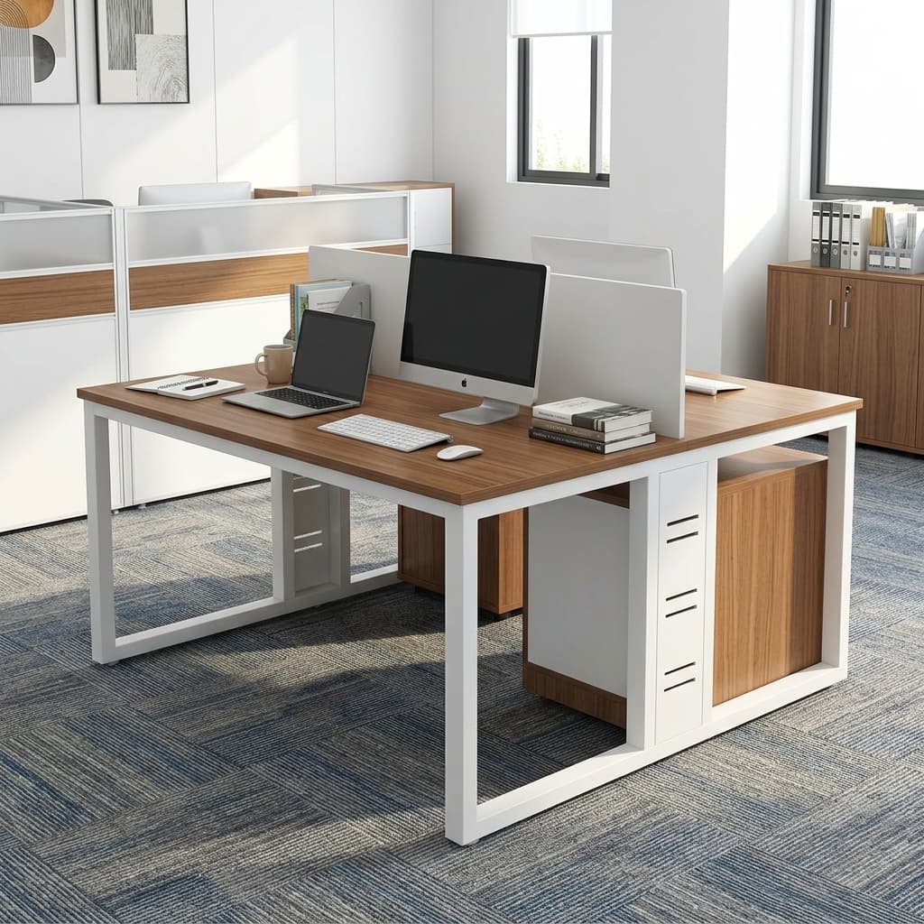 A 2-Seater Office Workstation featuring two back-to-back teak-finished wood desks, a white central privacy divider, and integrated side storage cabinets.
