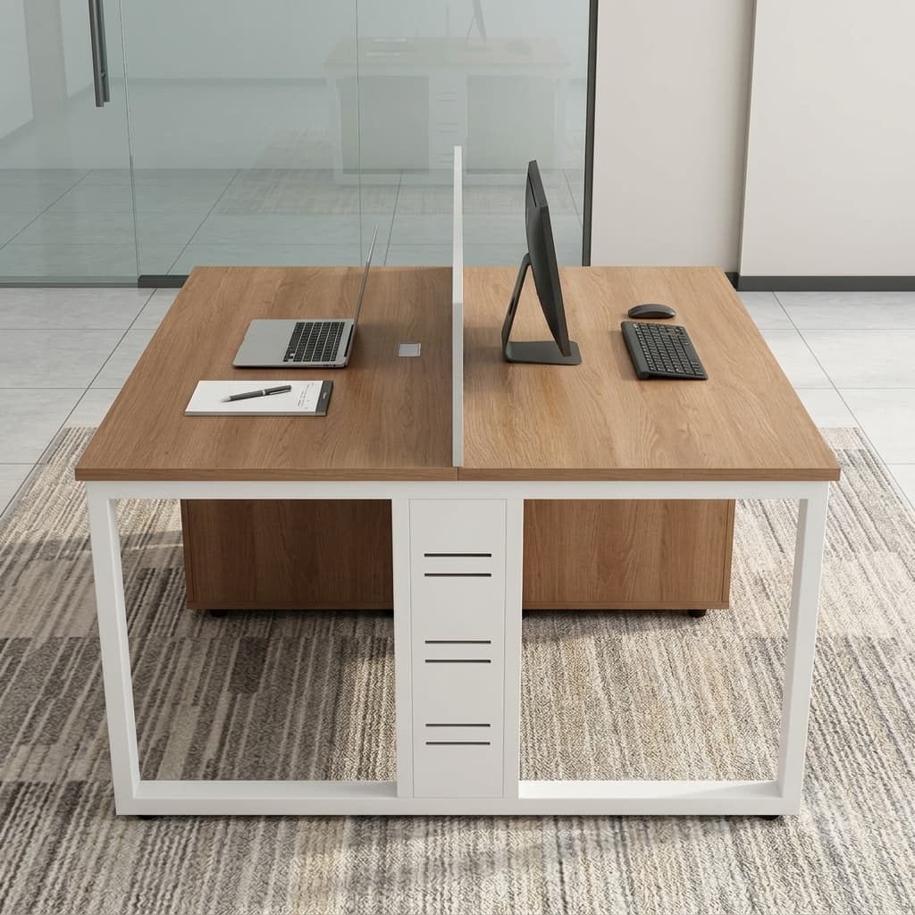 A 2-Seater Office Workstation featuring two back-to-back teak-finished wood desks, a white central privacy divider, and integrated side storage cabinets.