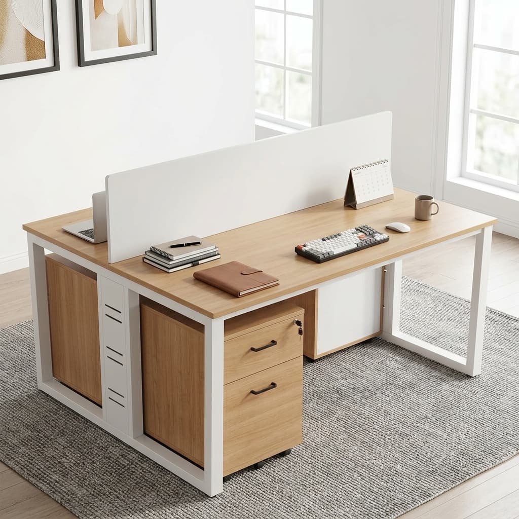 A 2-Seater Office Workstation featuring two back-to-back teak-finished wood desks, a white central privacy divider, and integrated side storage cabinets.