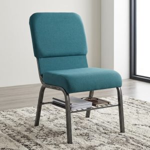 A Modern Teal Banquet Chair featuring a thick teal fabric cushion, a contoured backrest, an under-seat wire storage rack, and a dark metal frame.