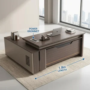 An 1800mm Wooden Office Desk featuring a textured wood grain floating desktop, a grey modesty panel, a built-in power grommet, and an integrated side return.