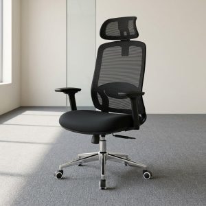 An Ergonomic Mesh Task Chair in black featuring a high-back breathable mesh design, an adjustable 2D headrest, 2D armrests, and a 5-star mobile swivel base.