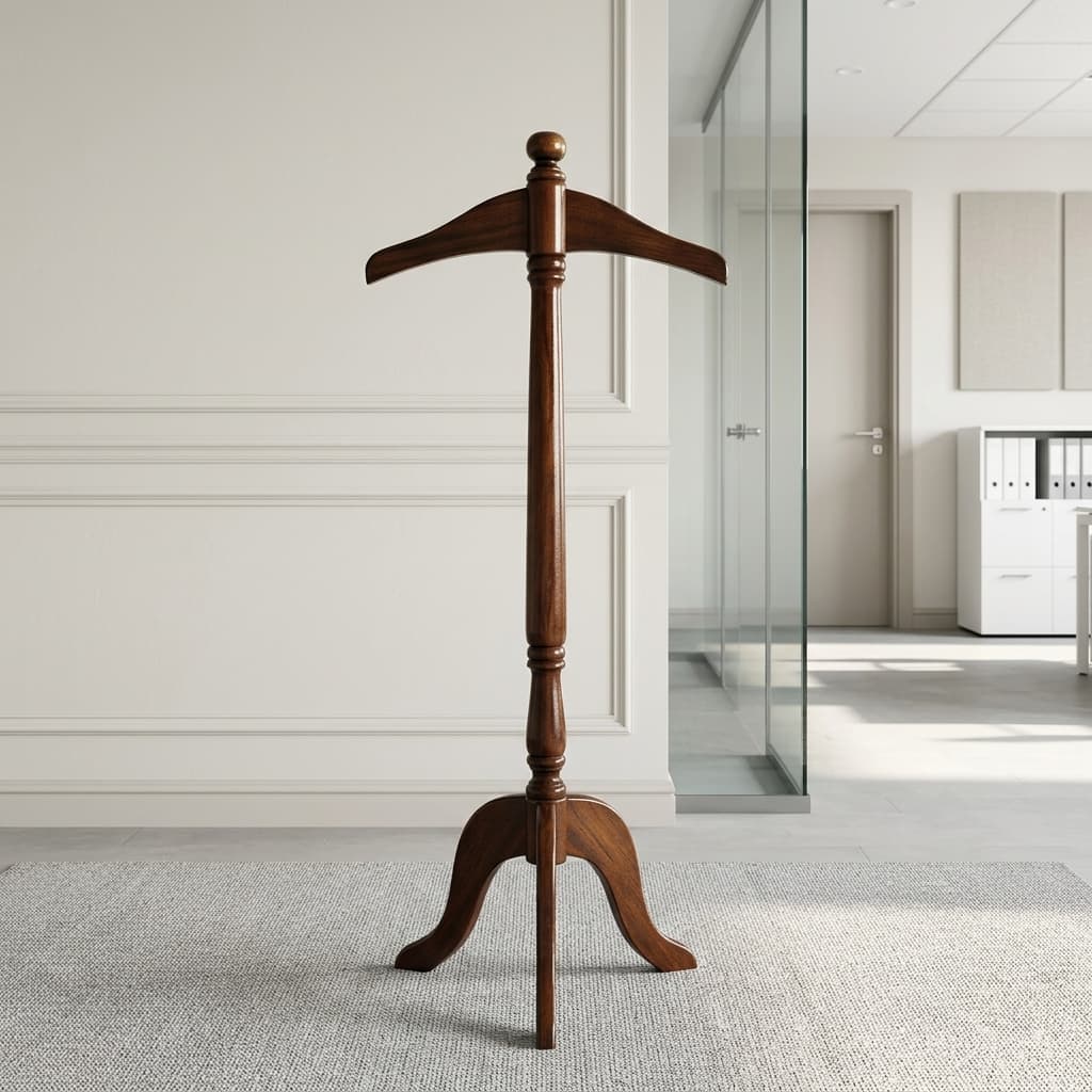 A Wooden Coat Hanger Stand featuring a polished mahogany-finished solid wood frame, a contoured suit hanger top, an ornamental column, and three arched legs.