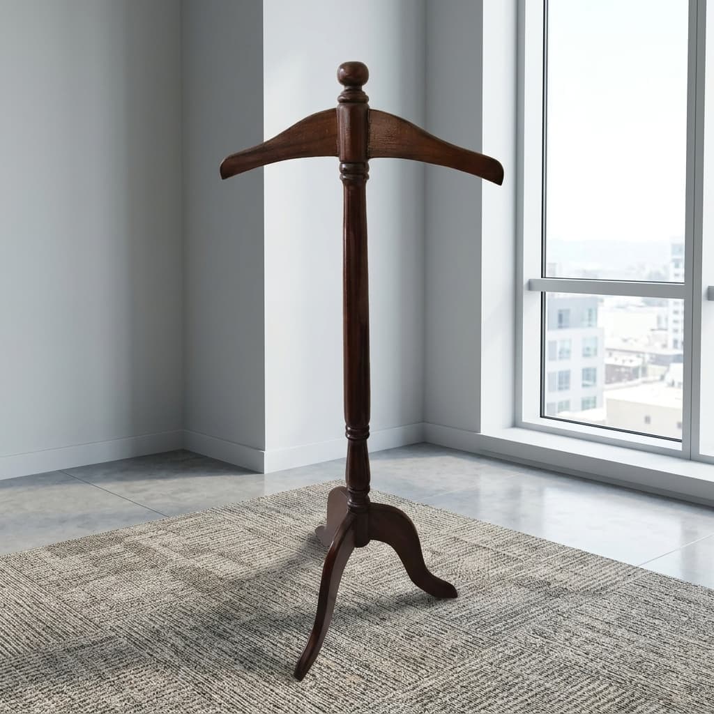A Wooden Coat Hanger Stand featuring a polished mahogany-finished solid wood frame, a contoured suit hanger top, an ornamental column, and three arched legs.