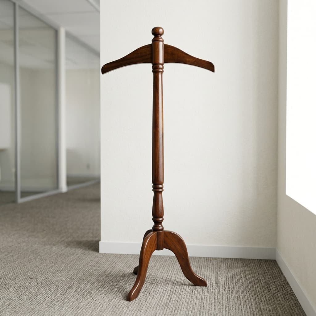 A Wooden Coat Hanger Stand featuring a polished mahogany-finished solid wood frame, a contoured suit hanger top, an ornamental column, and three arched legs.