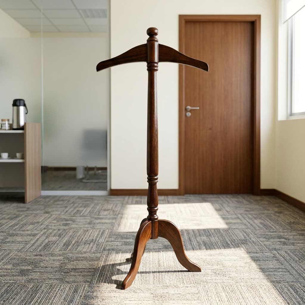 A Wooden Coat Hanger Stand featuring a polished mahogany-finished solid wood frame, a contoured suit hanger top, an ornamental column, and three arched legs.