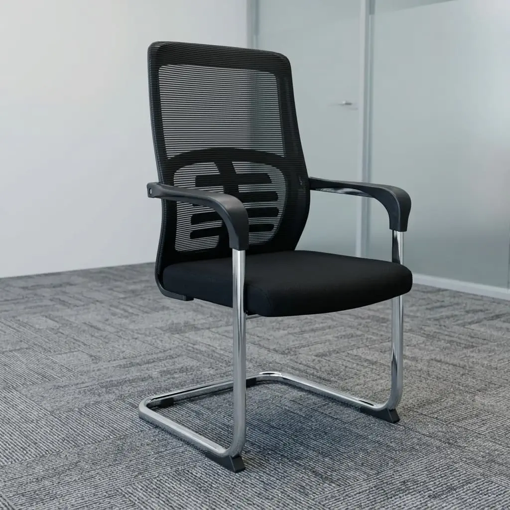A Black Mesh Visitor Office Chair featuring a black mesh backrest with a geometric lumbar pattern, padded armrests, and a polished chrome cantilever base.