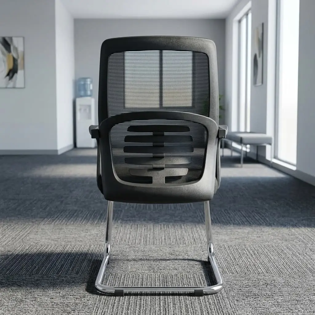 A Black Mesh Visitor Office Chair featuring a black mesh backrest with a geometric lumbar pattern, padded armrests, and a polished chrome cantilever base.