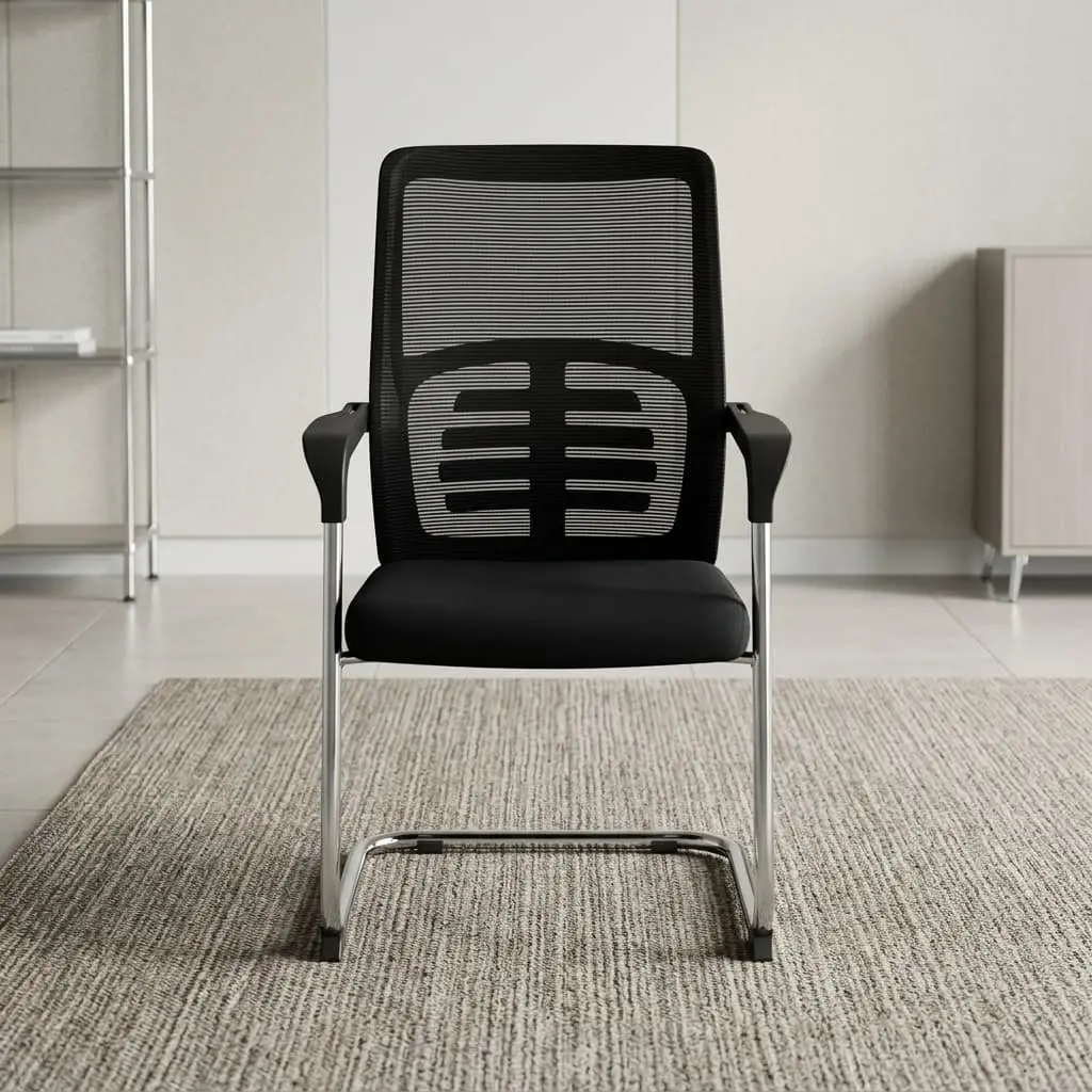A Black Mesh Visitor Office Chair featuring a black mesh backrest with a geometric lumbar pattern, padded armrests, and a polished chrome cantilever base.