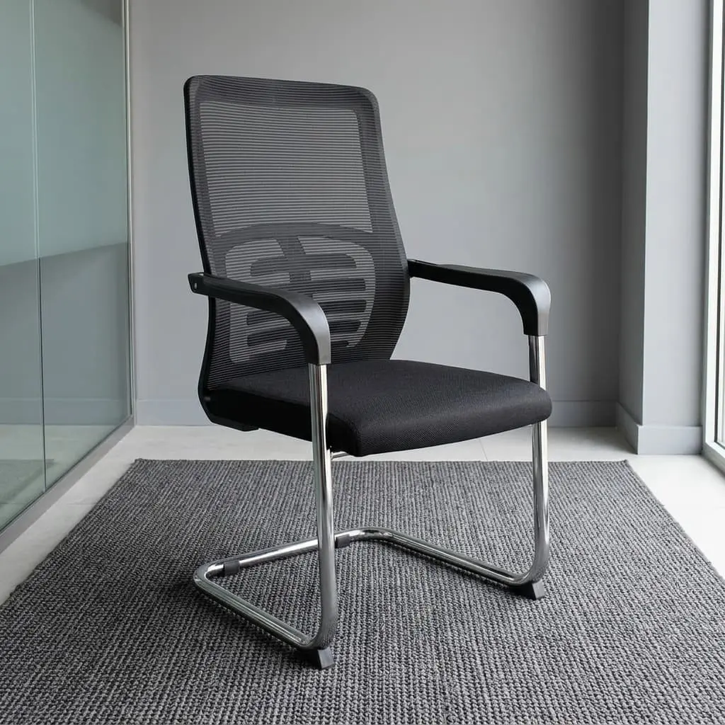 A Black Mesh Visitor Office Chair featuring a black mesh backrest with a geometric lumbar pattern, padded armrests, and a polished chrome cantilever base.