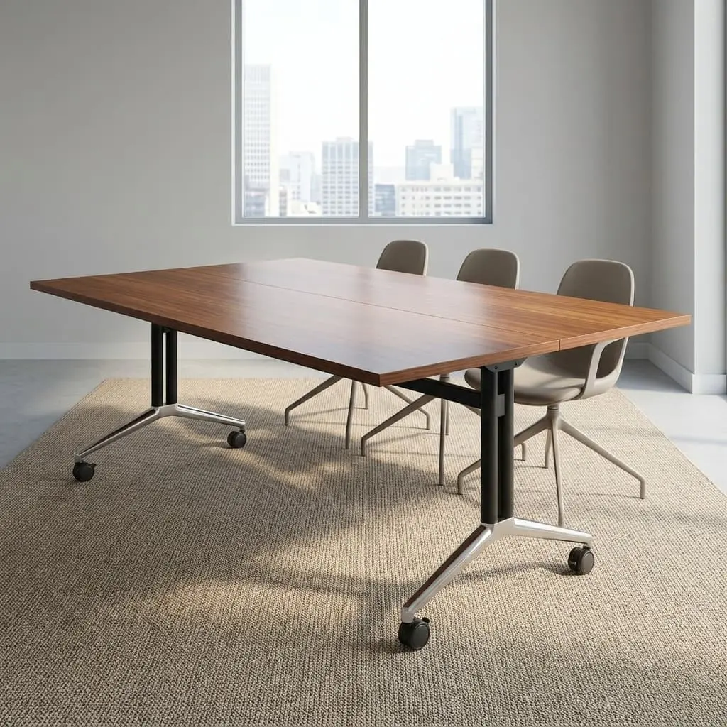 A 2400mm Mobile Boardroom Table featuring a walnut wood grain top, heavy-duty black folding T-legs, polished chrome bases, and lockable caster wheels.