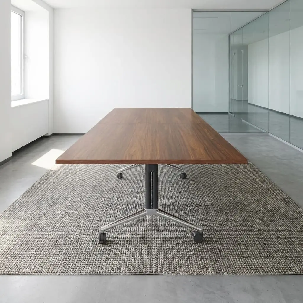 A 2400mm Mobile Boardroom Table featuring a walnut wood grain top, heavy-duty black folding T-legs, polished chrome bases, and lockable caster wheels.