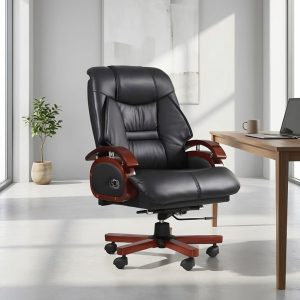 Reclining office chair with walnut armrests and premium leather upholstery