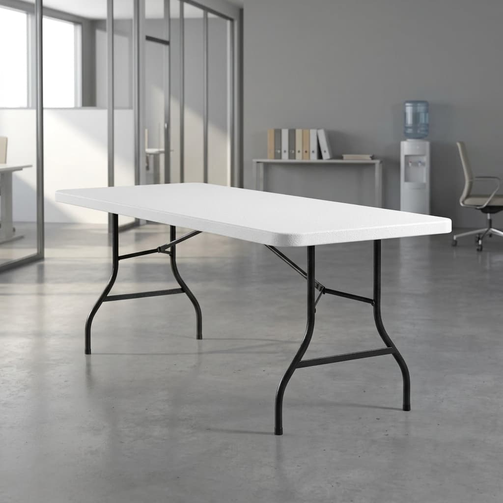 White 6ft folding table with steel legs and portable foldable design