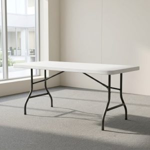 White 6ft folding table with steel legs and portable foldable design