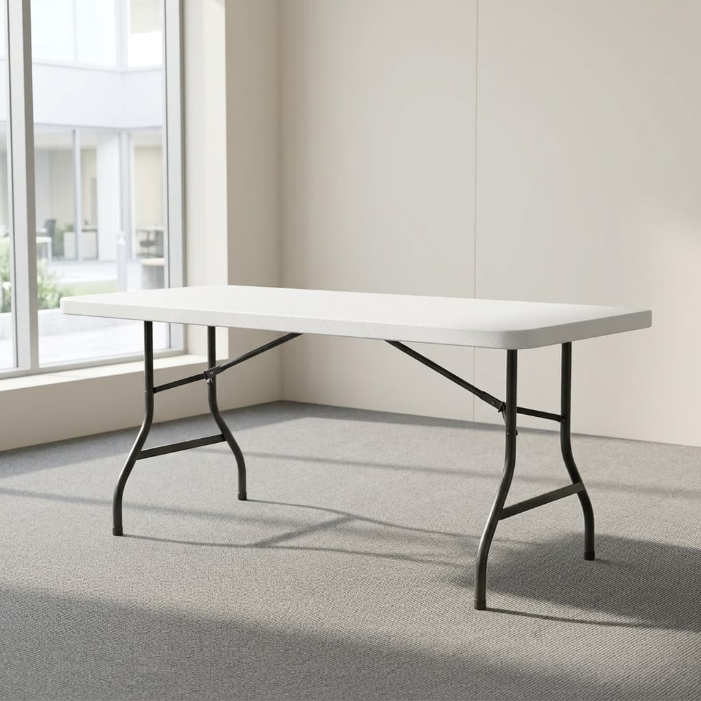 White 6ft folding table with steel legs and portable foldable design